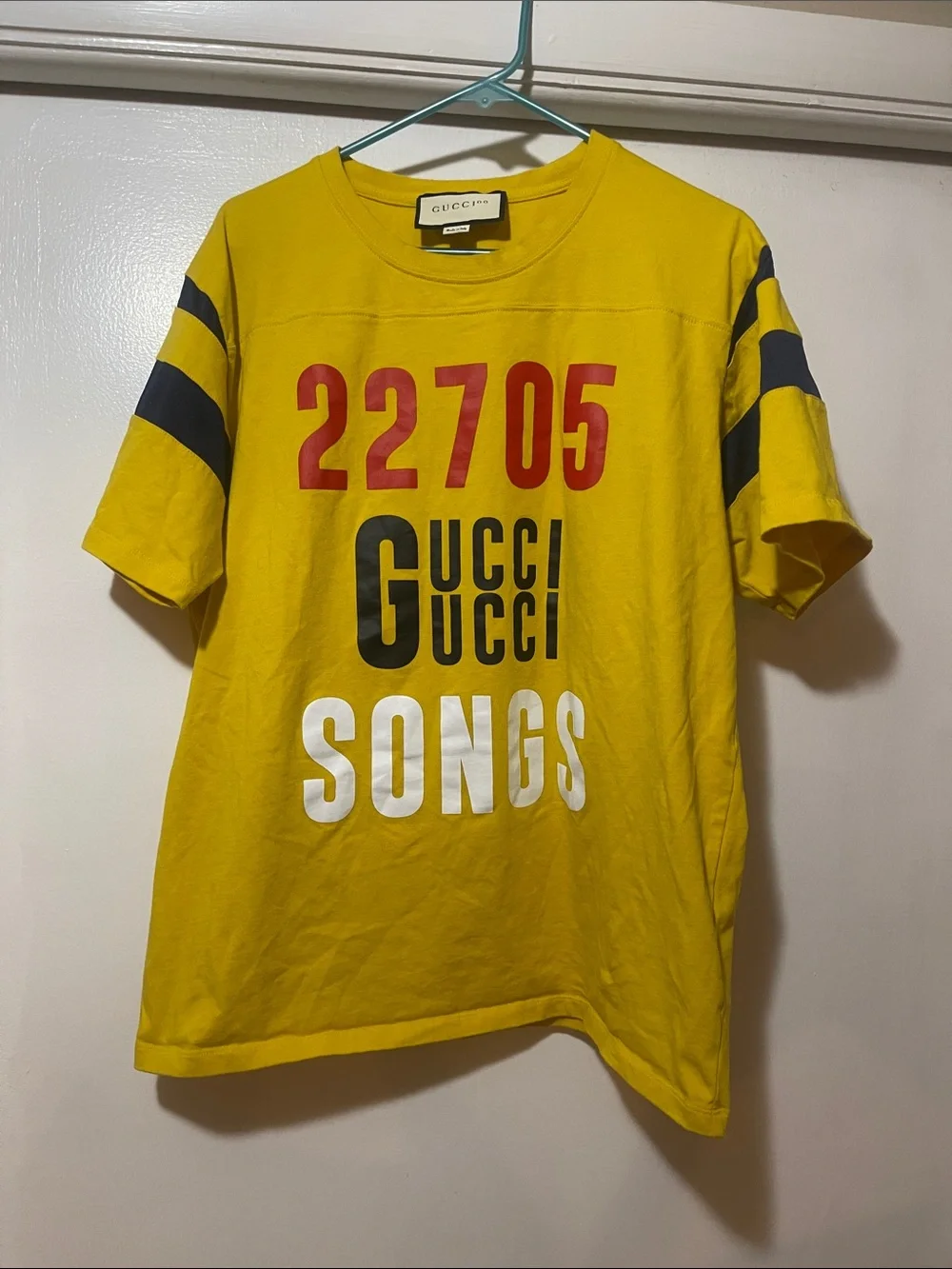 Gucci Yellow Graphic '22705 Songs' Tee with Blue Stripes large